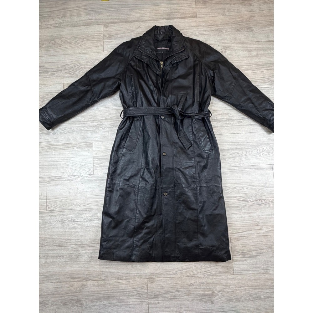 Charles Klein Vintage Black Genuine Leather Trench Coat Duster Belted Womens L